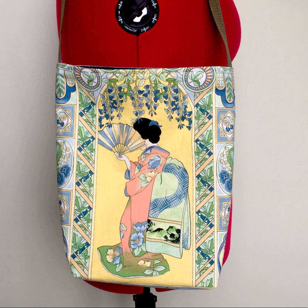 Hand Crafted Tote Bag, Handmade Yellow/Blue Geisha Theme, Inside Pockets